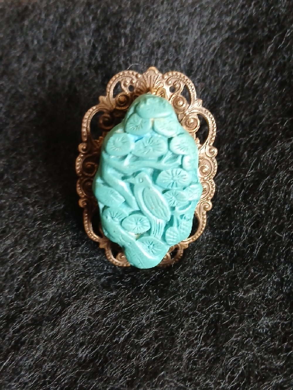 Jan Michaels Of San Francisco‎ Faux Turquoise Carved Bird Cameo Lace Bronze Ring